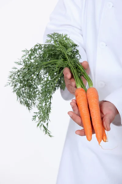 Cozinheiro mostrando cenouras — Fotografia de Stock