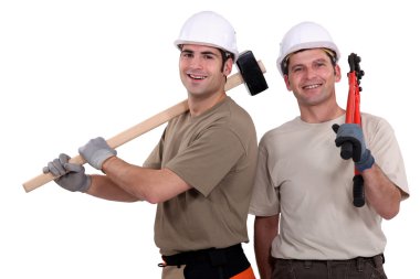 Two builder friends stood together clipart