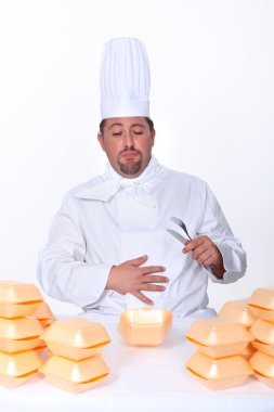 Chef sick after eating too many burgers clipart