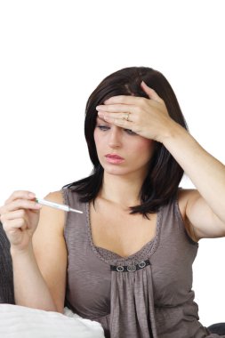 Shocked woman holding pregnancy test results clipart