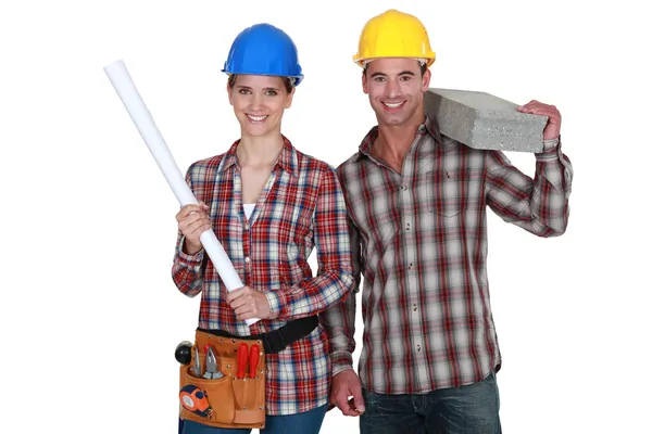 Um par de trabalhadores da construção . — Fotografia de Stock