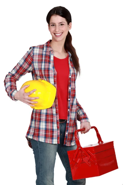 Portrait of a tradeswoman arriving at work — Stock Photo, Image
