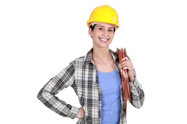 Trabalhadora feminina em fundo branco — Fotografia de Stock