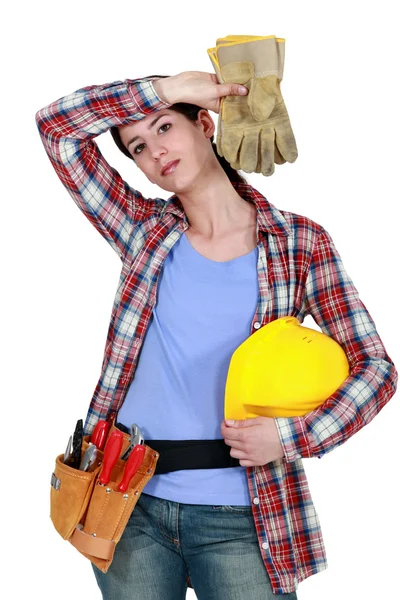 Trött kvinnlig builder — Stockfoto