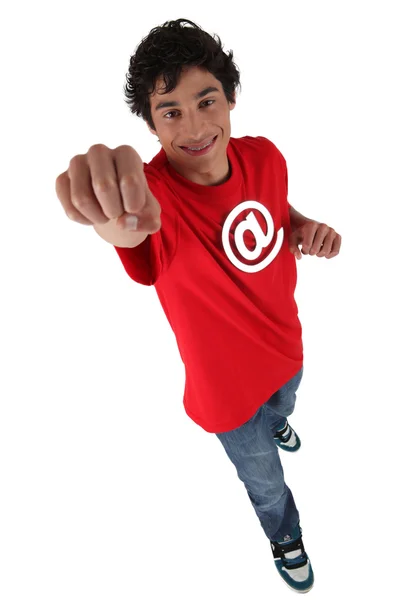 Young with at sign — Stock Photo, Image