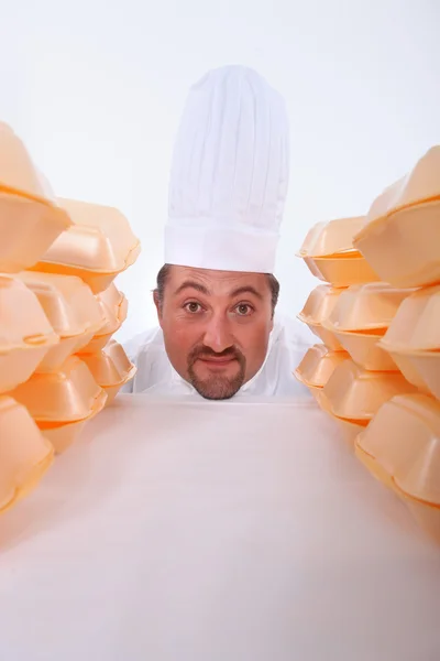 Chef con embalaje de comida rápida — Foto de Stock
