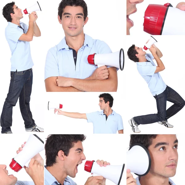 Mozaïek van jonge man met een megafoon — Stockfoto