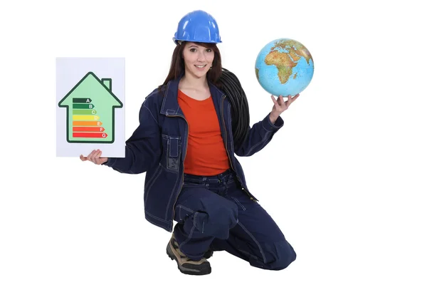 Female electrician holding globe — Stock Photo, Image