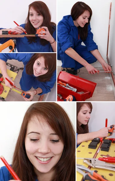 Sestřih z ženských instalatér v práci — Stock fotografie