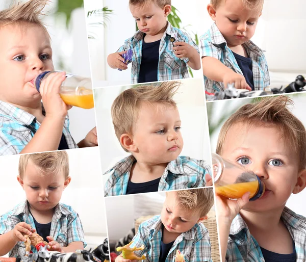 Коллаж маленького мальчика, пьющего за детскую бутылку — стоковое фото