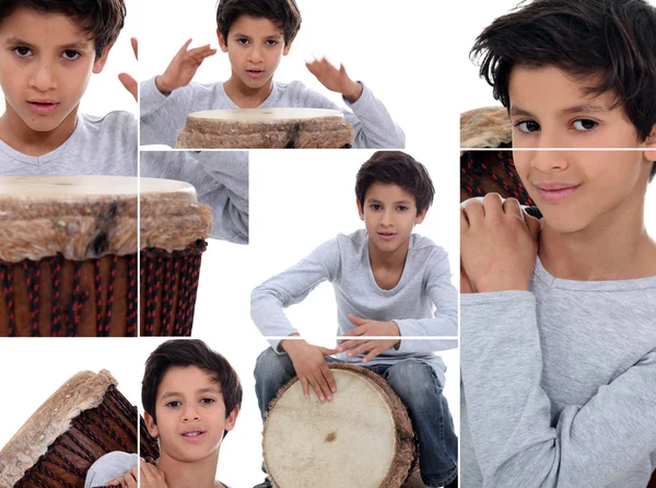 Montage van jonge jongen met Afrikaanse trommel — Stockfoto