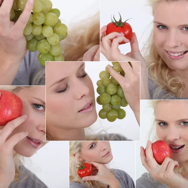 Collage av kvinna äta frukt och grönsaker — Stockfoto
