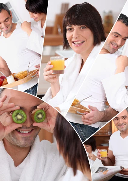 Mosaico de fotos de um casal tomando café da manhã — Fotografia de Stock
