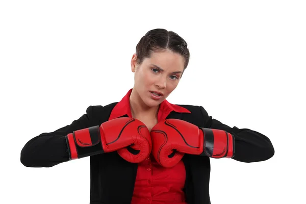 Woman getting her boxing gloves ready — Stock Photo, Image