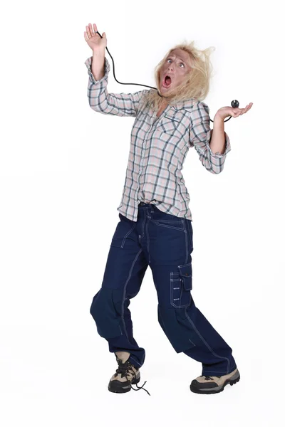 Funny electrocuted woman — Stock Photo, Image
