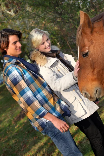 Couple standing by a horse — Stock Photo, Image