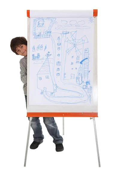 Dziecko, chowając się za tablicę typu flip chart — Zdjęcie stockowe