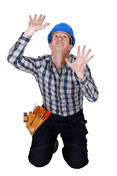 Builder pretending to be trapped — Stock Photo, Image