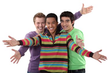 Three male friends making welcome gesture clipart