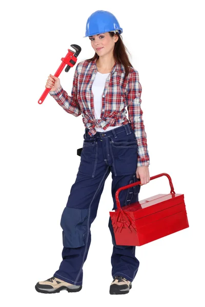 Fã DIY fêmea com kit de ferramentas — Fotografia de Stock