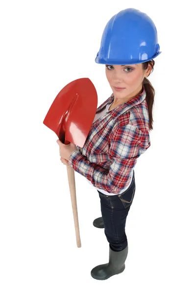 Pracownik budowlany kobieta z łopatą — Zdjęcie stockowe