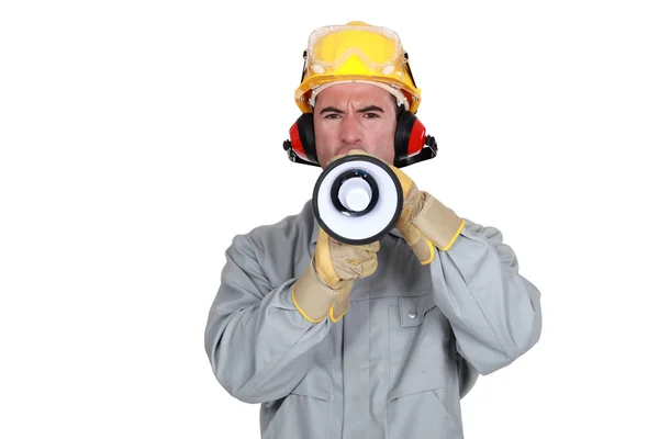 Bauarbeiter mit einem Lautsprecher — Stockfoto
