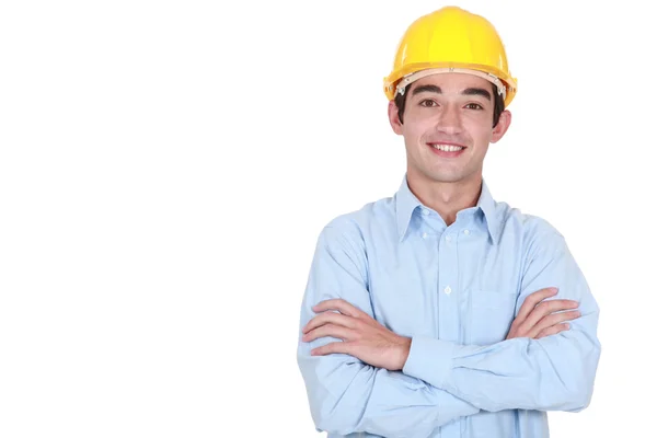 Portret van jonge foreman al glimlach geïsoleerd op wit — Stockfoto