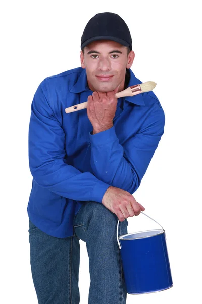 Painter with paint bucket and brush — Stock Photo, Image