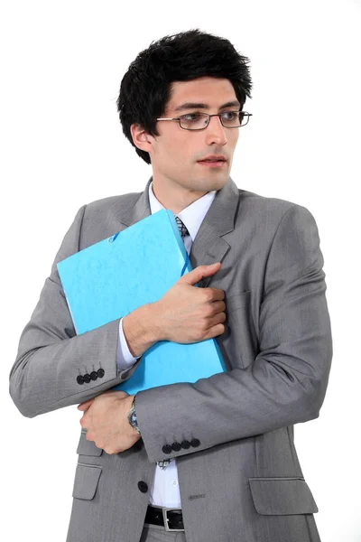 Biznesmen przestraszony przytrzymanie folder — Zdjęcie stockowe