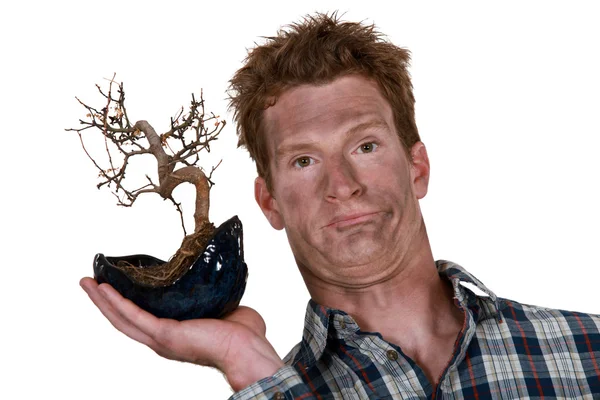 Duman yüzlü adam yanmış bir bonsai holding — Stok fotoğraf