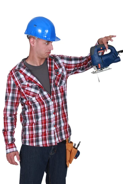 Workers with broken chainsaw — Stock Photo, Image