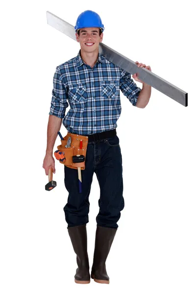 Bauarbeiter trägt Bohne und Hammer aus Metall — Stockfoto