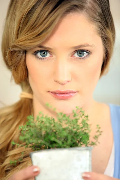 Pretty young woman holding plant — Stock Photo, Image