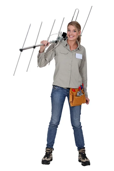 Donna con antenna TV — Foto Stock