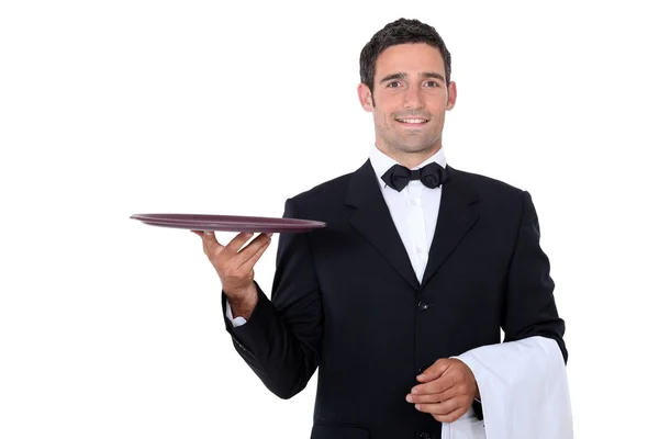 Waiter with tray smoking and balance — Stock Photo, Image