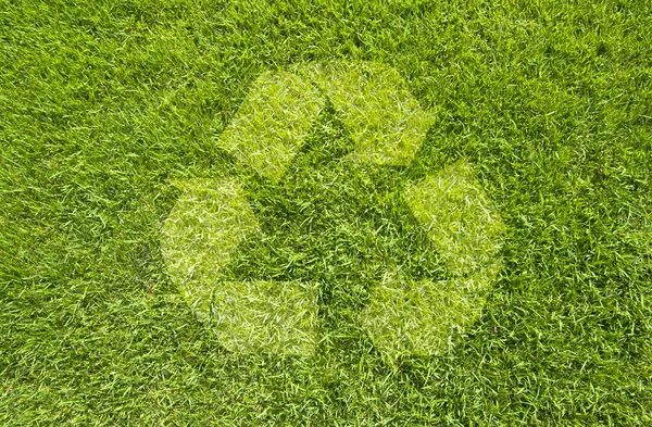 Recyklovat na zelené trávě, textury pozadí — Stock fotografie