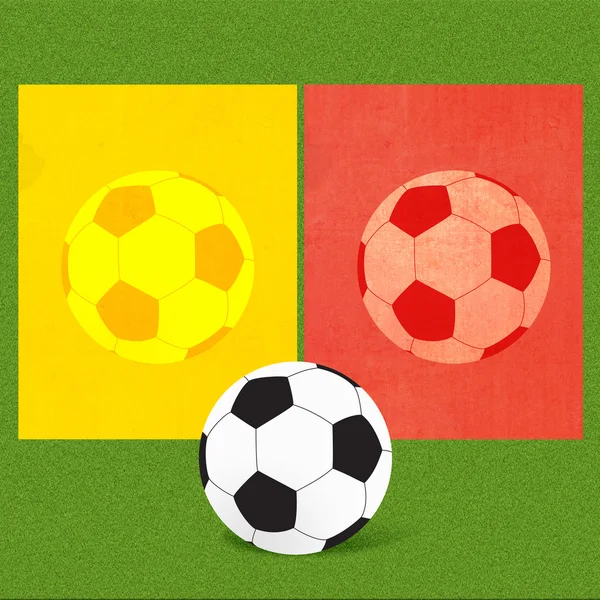 Football soccer with referee cards on grass background — Stock Photo, Image
