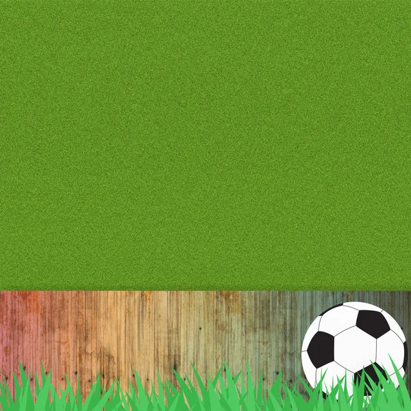 Ποδόσφαιρο μπάλα σε χόρτο και ξύλο φόντο — Φωτογραφία Αρχείου