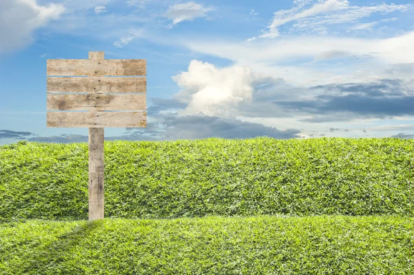 Wooden billboard on the grass background — Stock Photo, Image