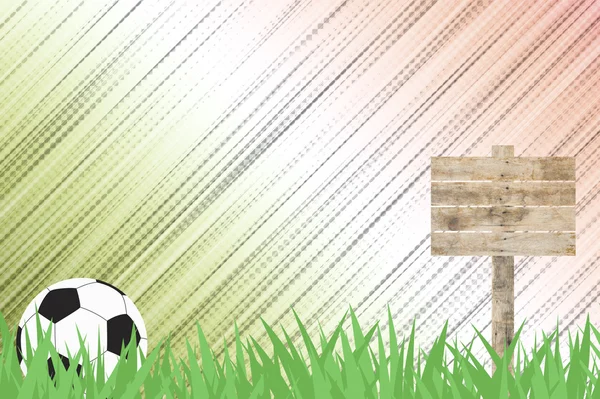 Ποδόσφαιρο μπάλα με ξύλινη πινακίδα σε χόρτο φόντο — Φωτογραφία Αρχείου