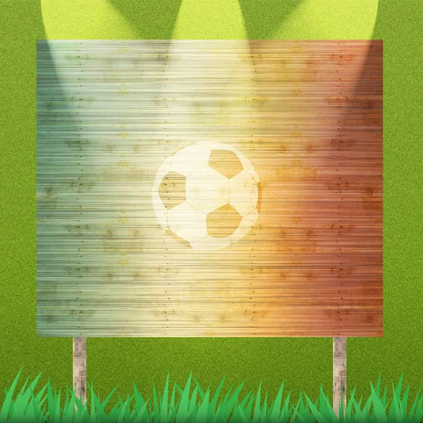 Ποδόσφαιρο και πινακίδα στο χόρτο φόντο και υφή — Φωτογραφία Αρχείου