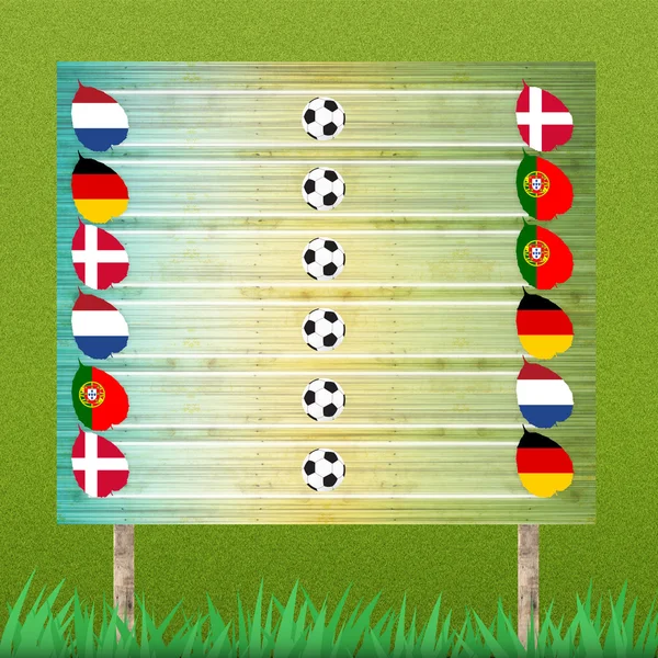 Gruppenphase und Plakatwand des Fußballs auf Rasenhintergrund — Stockfoto