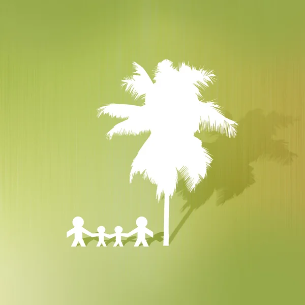 Kokosnussbaum und Papierfamilie auf abstraktem Hintergrund — Stockfoto