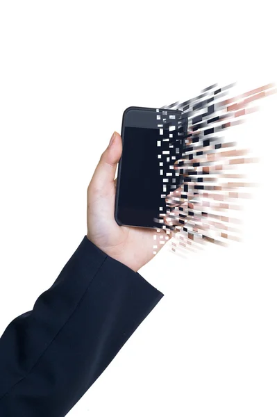 Smartphone con mano sobre fondo blanco — Foto de Stock