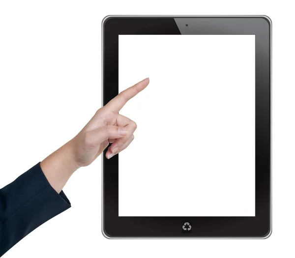 Mano empujando la tableta en una interfaz en blanco pantalla táctil — Foto de Stock