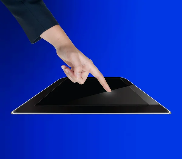 Mão empurrando tablet em uma tela de toque interface em branco — Fotografia de Stock