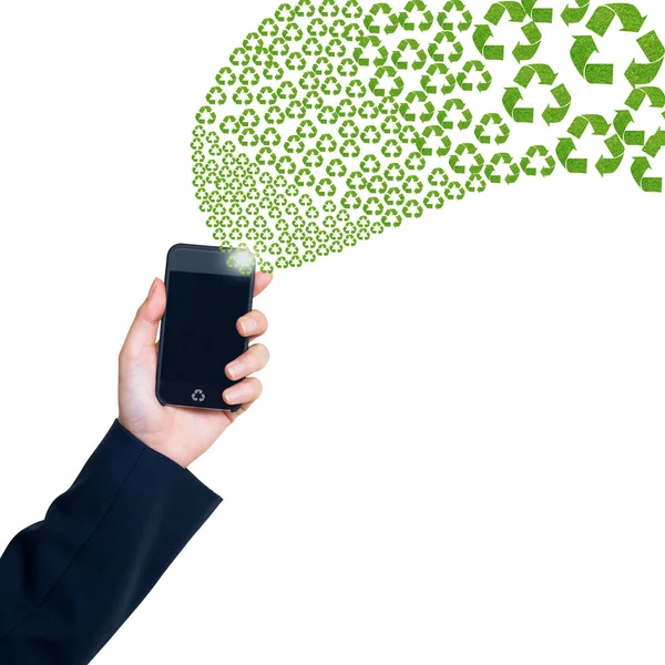 Icono de reciclaje de hierba en la tableta con la mano —  Fotos de Stock