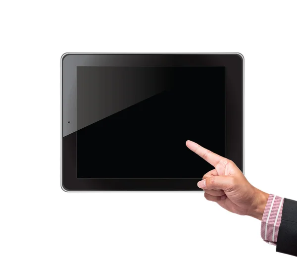 Mão empurrando tablet em uma interface de tela sensível ao toque — Fotografia de Stock
