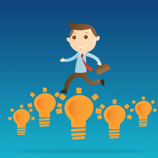 Businessman jump bulb light on blue background — Stock Photo, Image