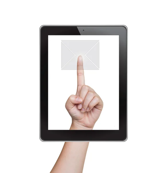 Pulsando el botón de correo de la tableta en una pantalla táctil —  Fotos de Stock